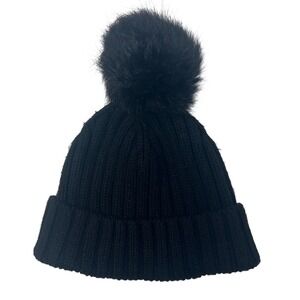 J.Crew Black Ribbed Wool Blend Beanie NWT Faux Fur Pom New Snow Ski Fall Winter